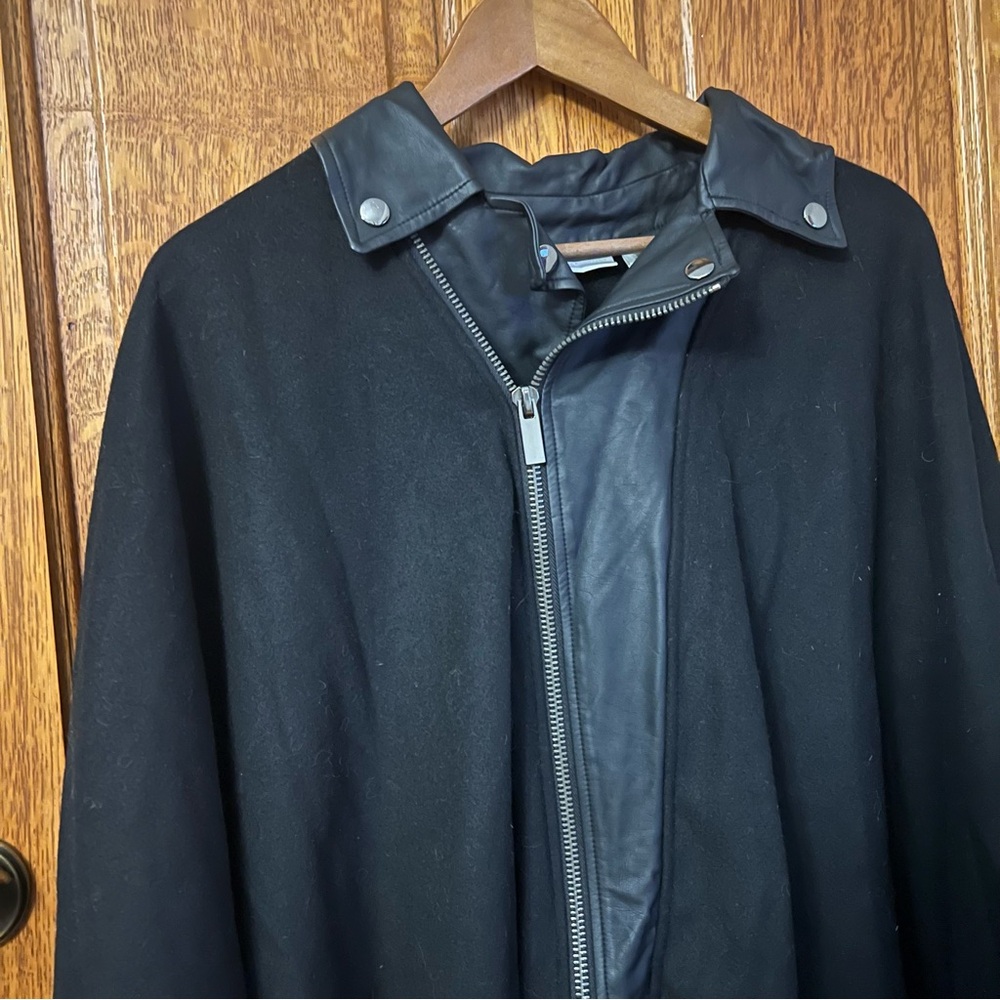 New York & Company Black Fringe Poncho Faux Leather Moto Zip Wrap M/L 3361 - Picture 4 of 11